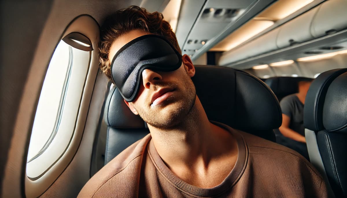 A close-up of a man sleeping on an airplane, wearing an eyemask, with the airplane interior and window visible in the background.